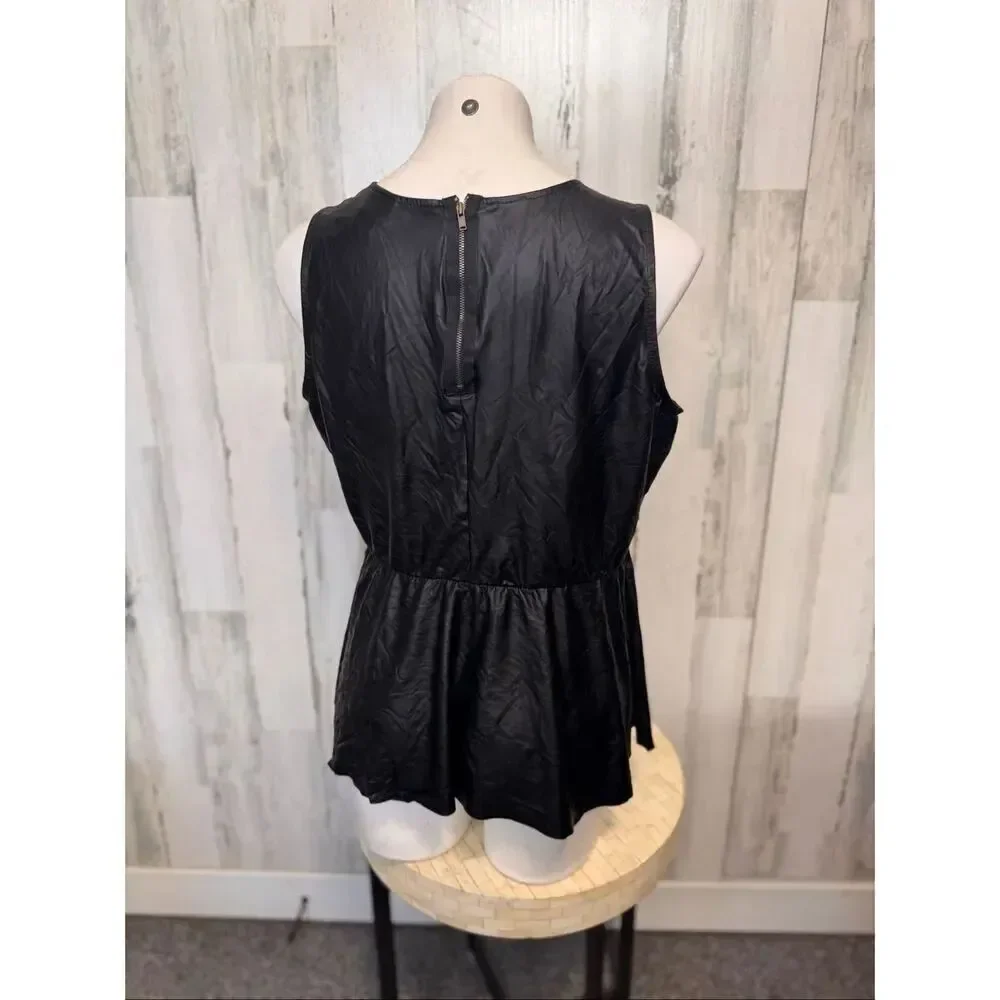 Dots Black Faux Leather Peplum Top 1X Sleeveless Zip Back Flowy Blouse Plus Size